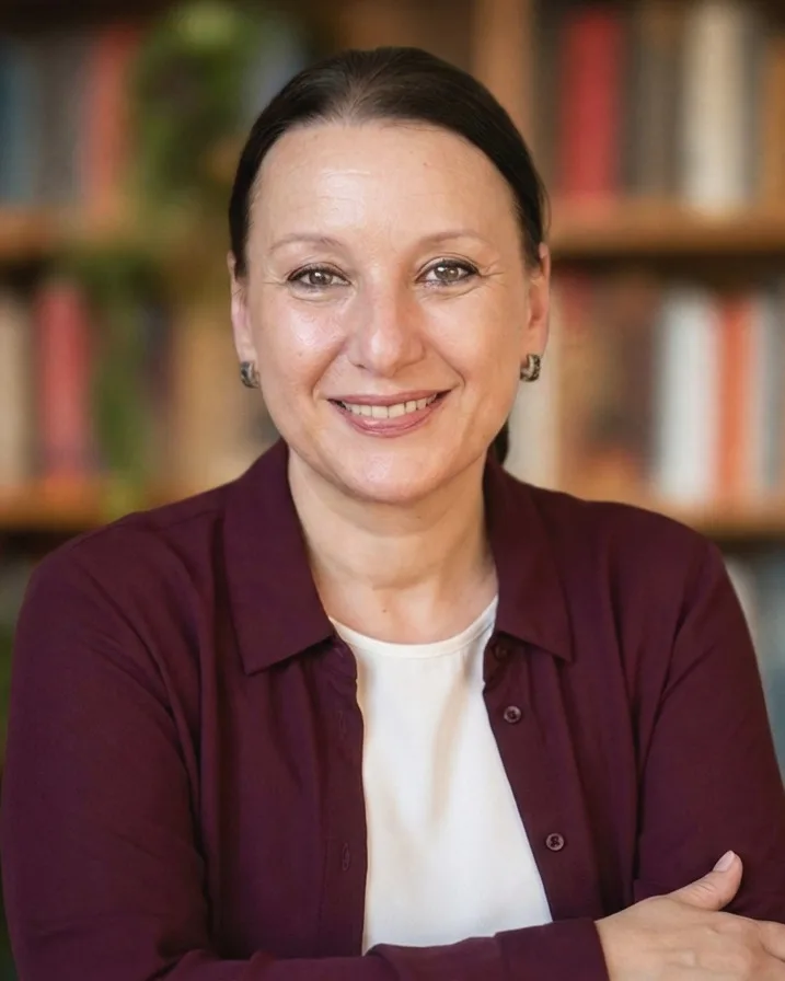 Елена Милушева, магистър по психология, на фона на библиотека
